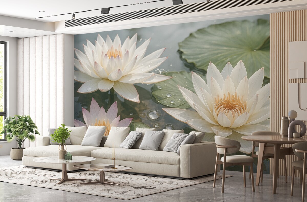 Fototapeta Zbliżenie białych kwiatów lotosu z kroplami wody na płatkach na rozmytym zielonym tle.