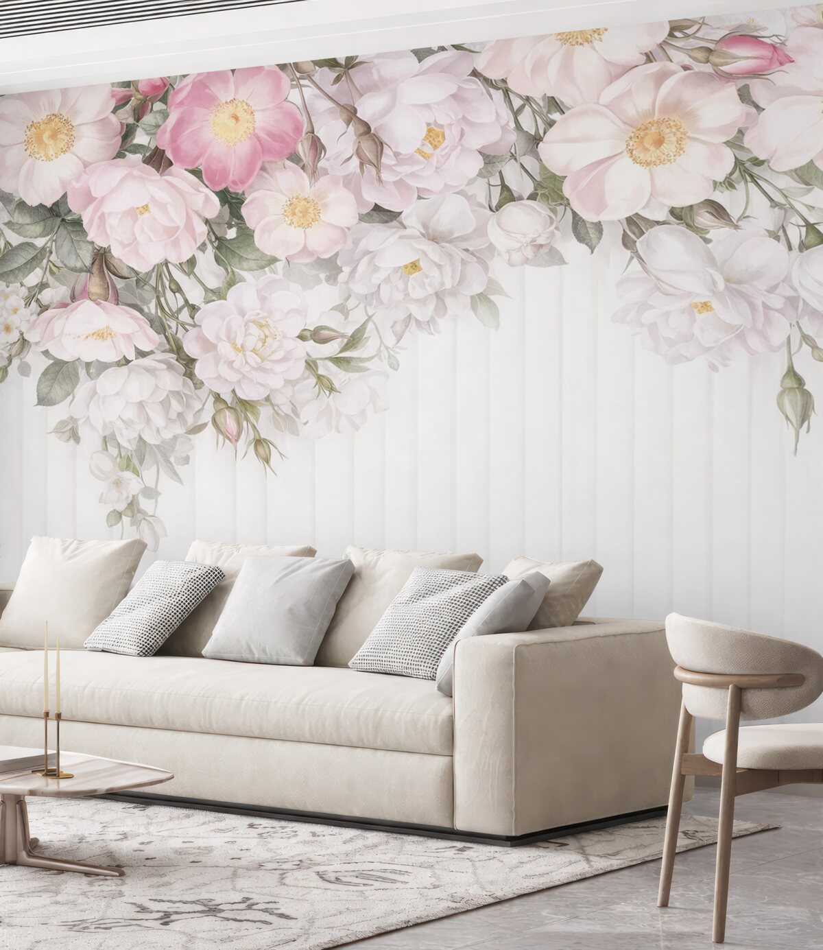 Fototapeta Bukiet subtelnych białych i różowych kwiatów z zielonymi liśćmi na jasnym tle.