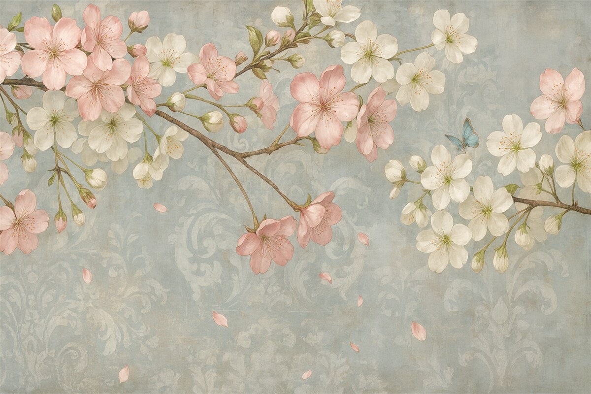 Fototapeta Różowe oraz białe kwiaty wiśni w pełnym rozkwicie, z delikatnymi płatkami opadającymi na teksturowane niebieskie tło.