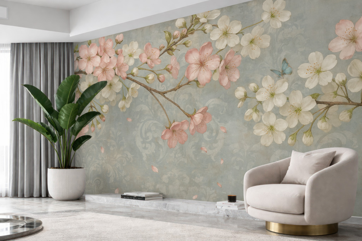 Fototapeta Różowe oraz białe kwiaty wiśni w pełnym rozkwicie, z delikatnymi płatkami opadającymi na teksturowane niebieskie tło.