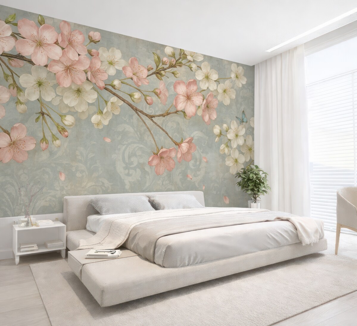 Fototapeta Różowe oraz białe kwiaty wiśni w pełnym rozkwicie, z delikatnymi płatkami opadającymi na teksturowane niebieskie tło.