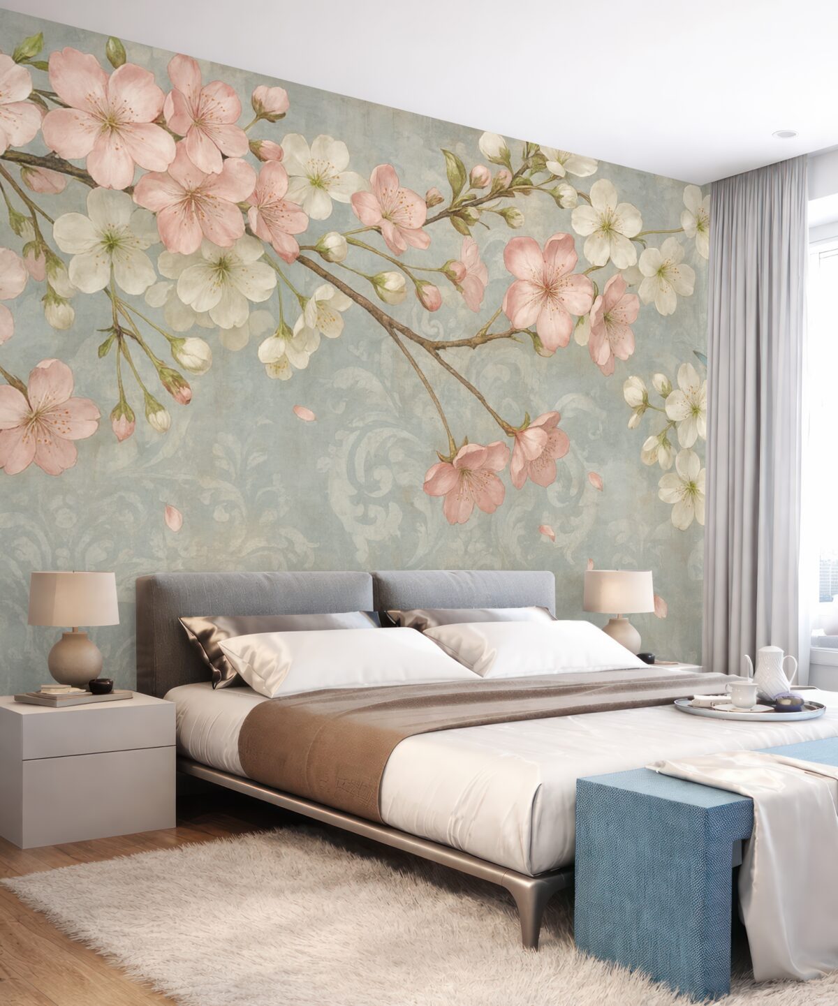 Fototapeta Różowe oraz białe kwiaty wiśni w pełnym rozkwicie, z delikatnymi płatkami opadającymi na teksturowane niebieskie tło.