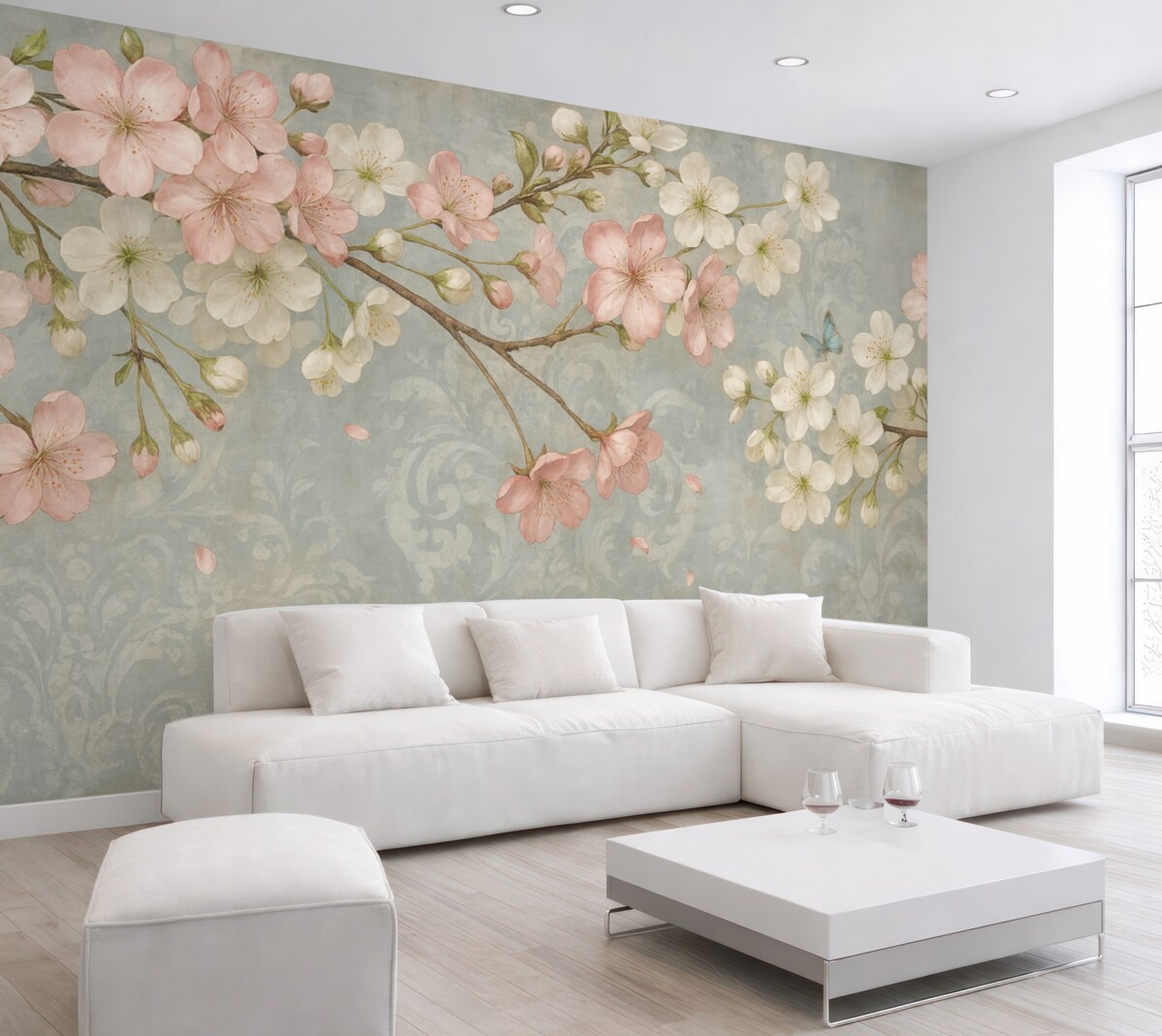 Fototapeta Różowe oraz białe kwiaty wiśni w pełnym rozkwicie, z delikatnymi płatkami opadającymi na teksturowane niebieskie tło.