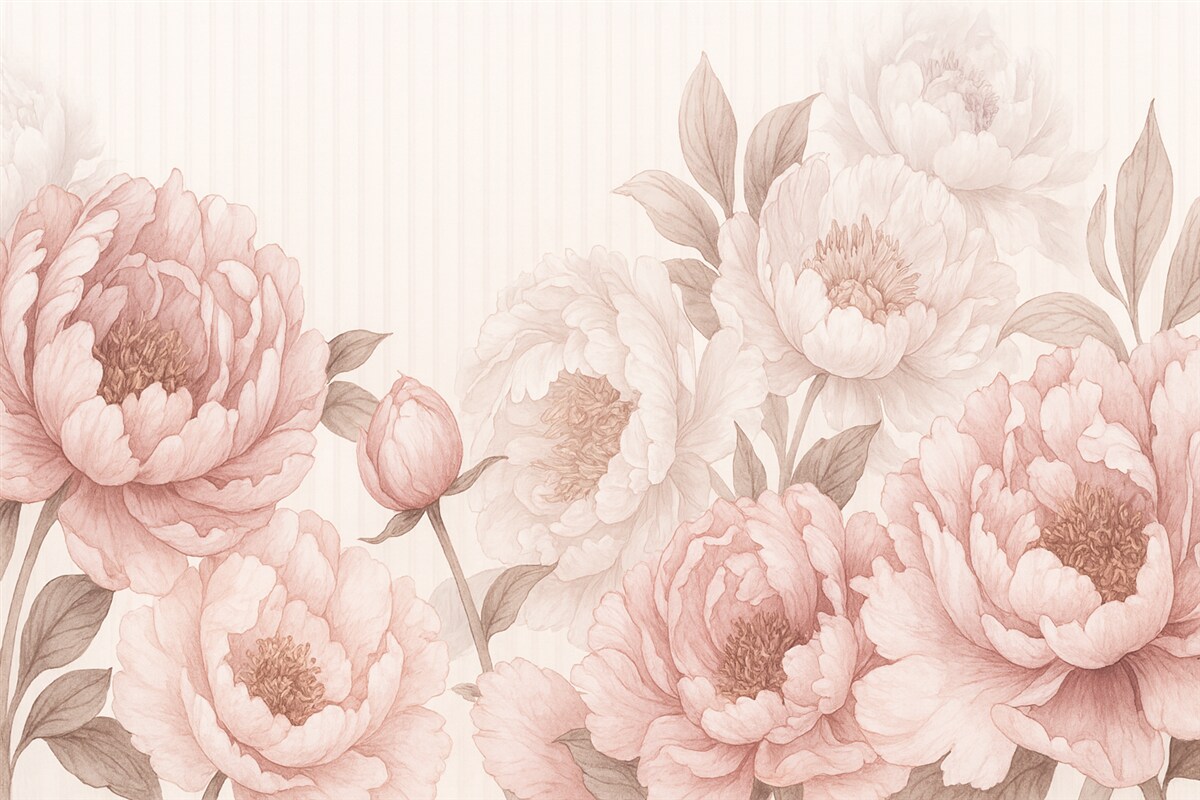 Fototapeta Zbliżenie dużych, subtelnych różowych i białych kwiatów piwonii na gładkim, teksturalnym tle.