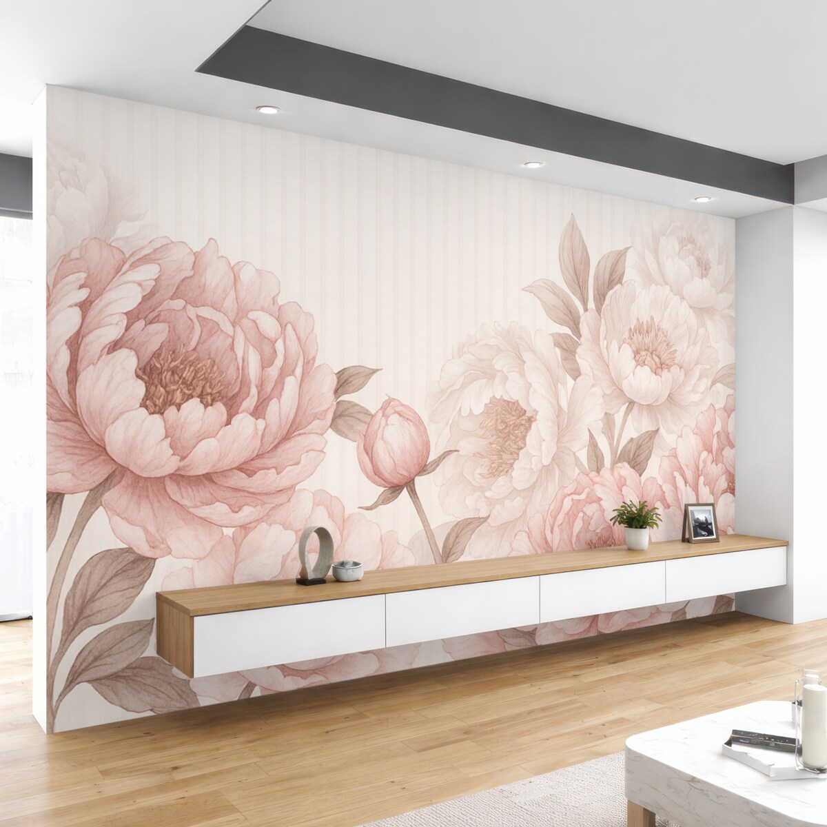 Fototapeta Zbliżenie dużych, subtelnych różowych i białych kwiatów piwonii na gładkim, teksturalnym tle.