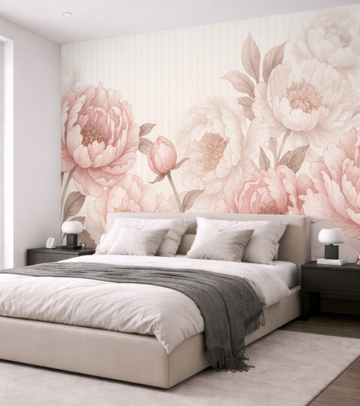 Fototapeta Zbliżenie dużych, subtelnych różowych i białych kwiatów piwonii na gładkim, teksturalnym tle.