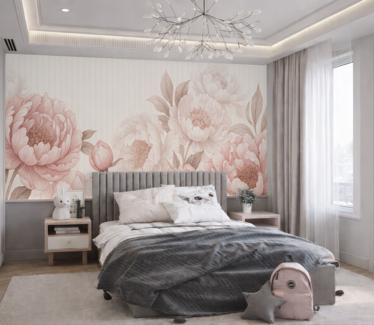 Fototapeta Zbliżenie dużych, subtelnych różowych i białych kwiatów piwonii na gładkim, teksturalnym tle.