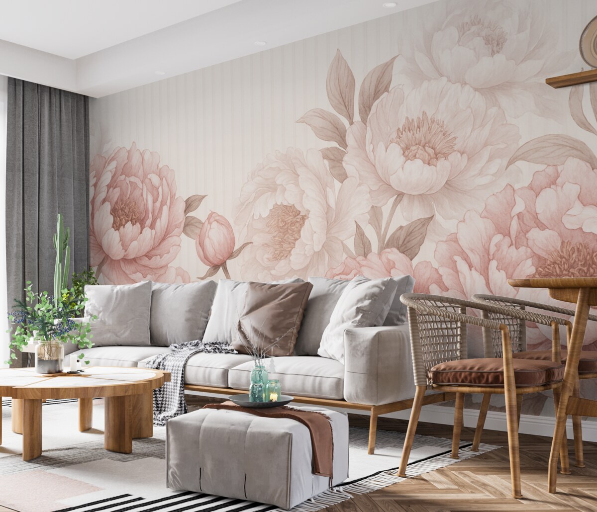Fototapeta Zbliżenie dużych, subtelnych różowych i białych kwiatów piwonii na gładkim, teksturalnym tle.