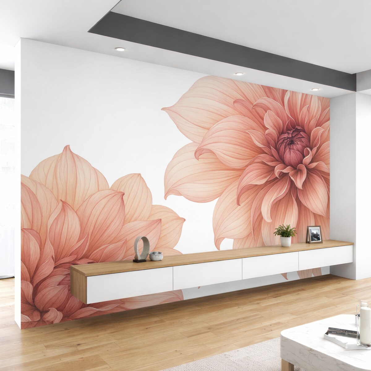 Fototapeta Zbliżenie na kilka dużych, głęboko czerwonych kwiatów dalii o gładkich, subtelnych płatkach na jasnym tle.