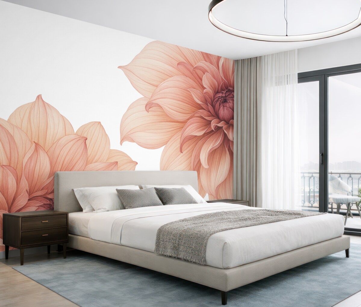 Fototapeta Zbliżenie na kilka dużych, głęboko czerwonych kwiatów dalii o gładkich, subtelnych płatkach na jasnym tle.