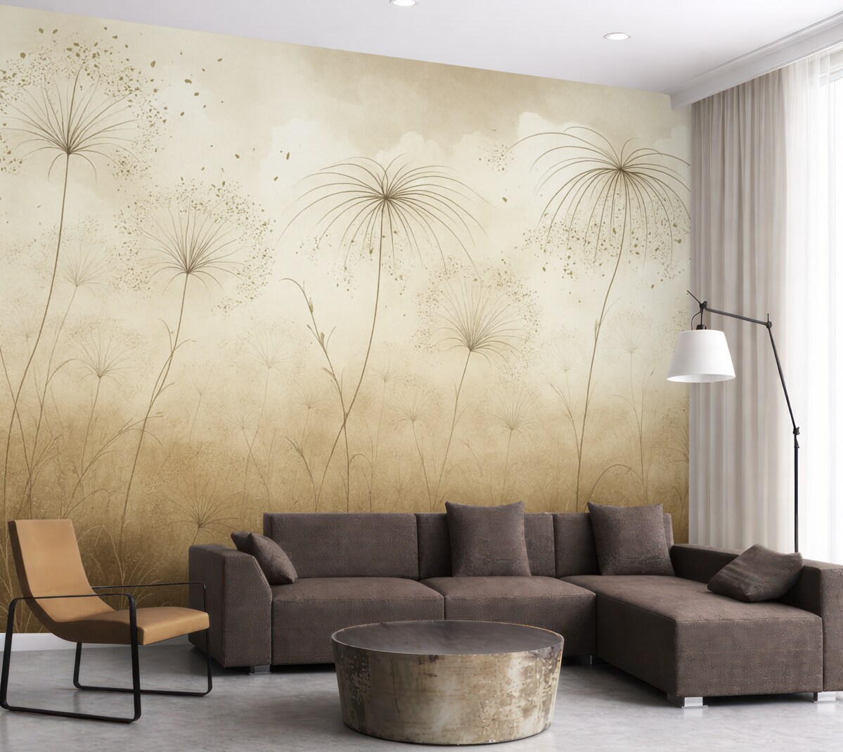 Fototapeta Brązowe, wysokie, gęste rośliny z subtelnymi, parasolowatymi kwiatami lub główkami nasion w mglistym, nastrojowym środowisku.