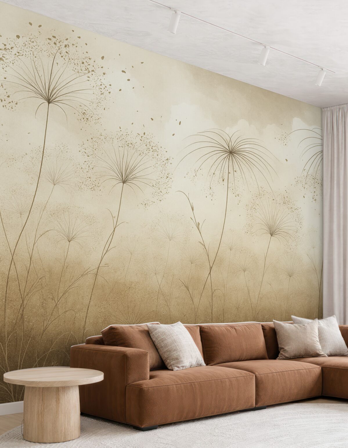 Fototapeta Brązowe, wysokie, gęste rośliny z subtelnymi, parasolowatymi kwiatami lub główkami nasion w mglistym, nastrojowym środowisku.