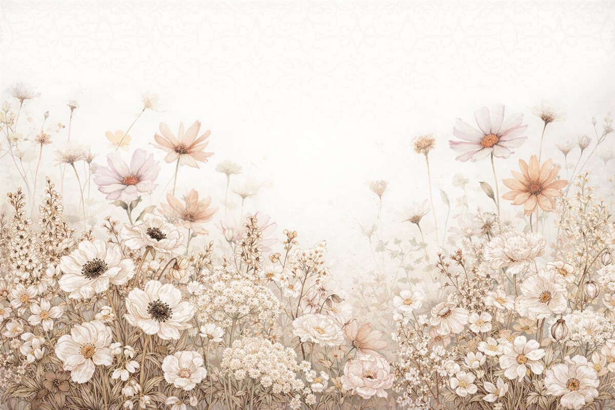 Fototapeta Łąka białych, beżowych oraz różowych kwiatów i liści na delikatnym, rozmytym kwiatowym tle.