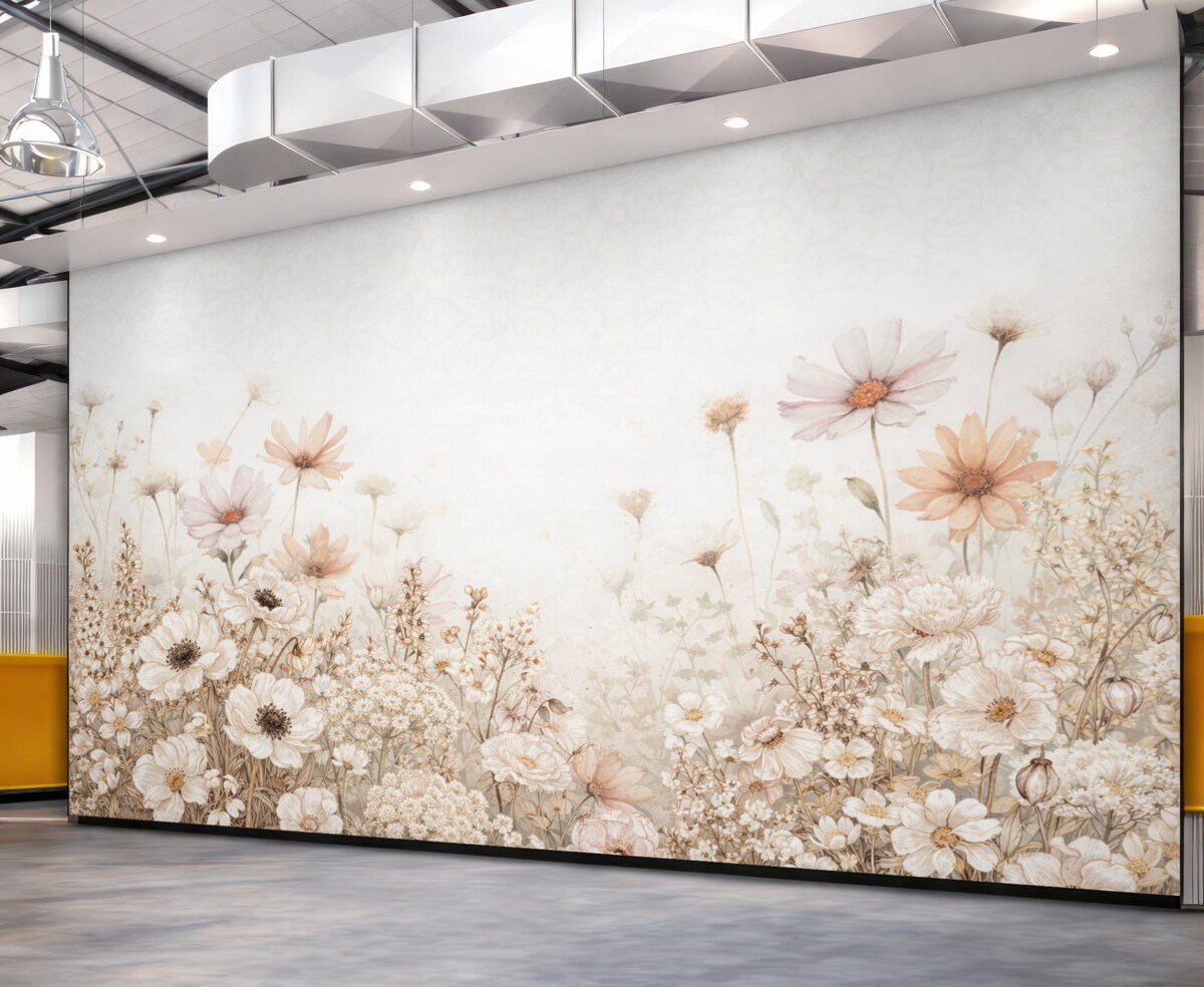 Fototapeta Łąka białych, beżowych oraz różowych kwiatów i liści na delikatnym, rozmytym kwiatowym tle.