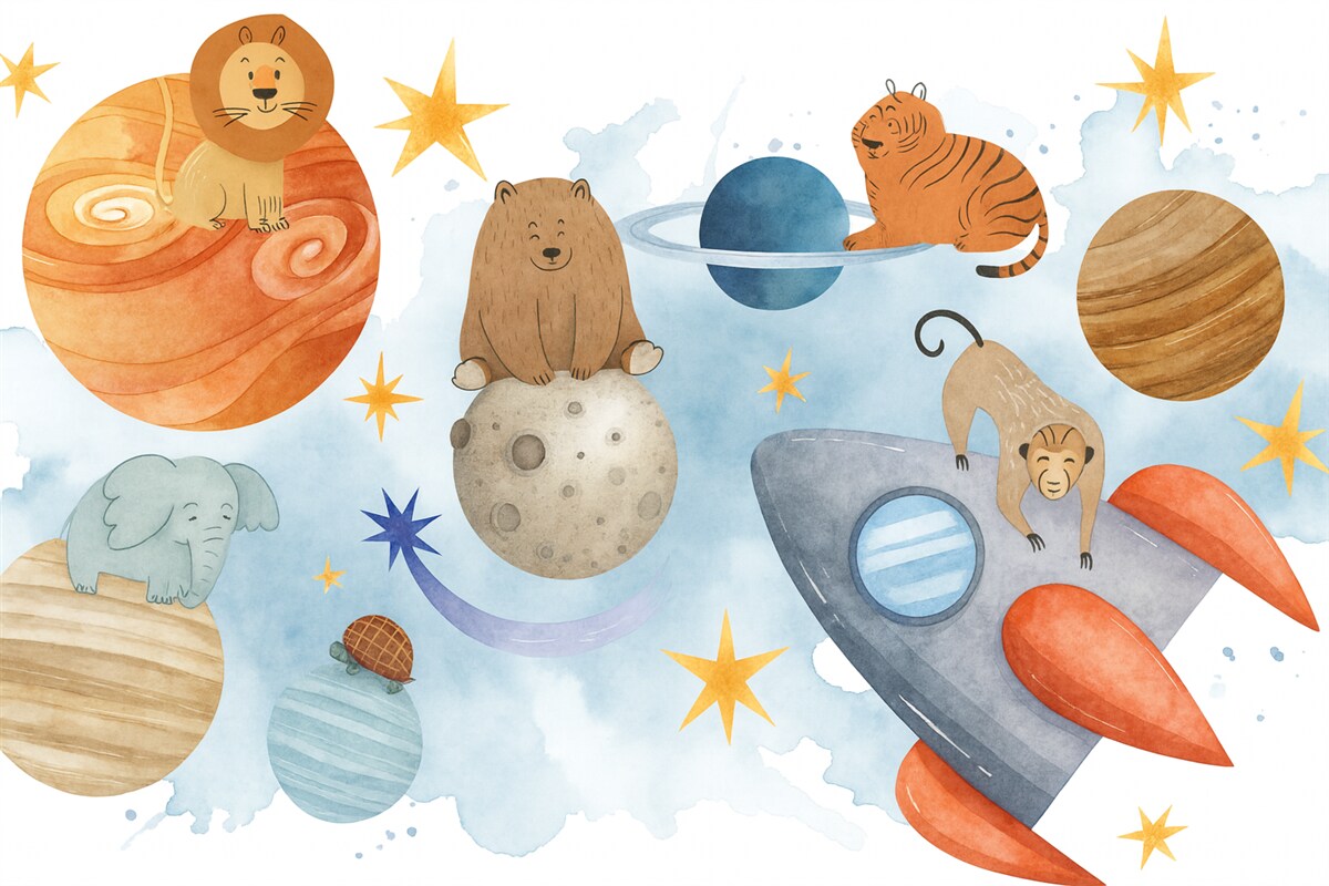 Fototapeta Zmienna scena kosmiczna z różnymi animowanymi zwierzętami unoszącymi się pośród planet, gwiazd i rakiety.