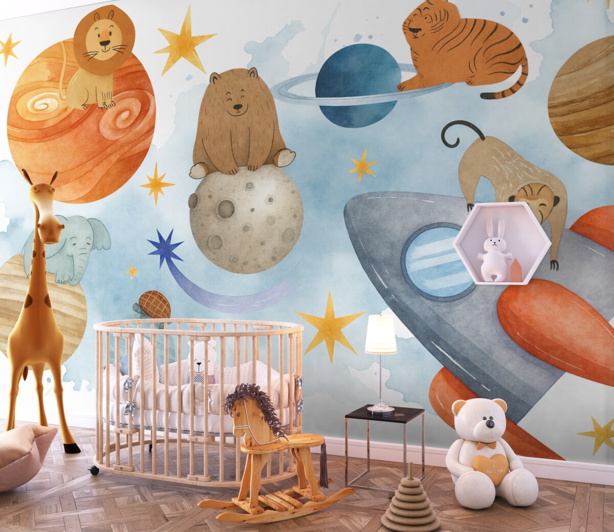 Fototapeta Zmienna scena kosmiczna z różnymi animowanymi zwierzętami unoszącymi się pośród planet, gwiazd i rakiety.