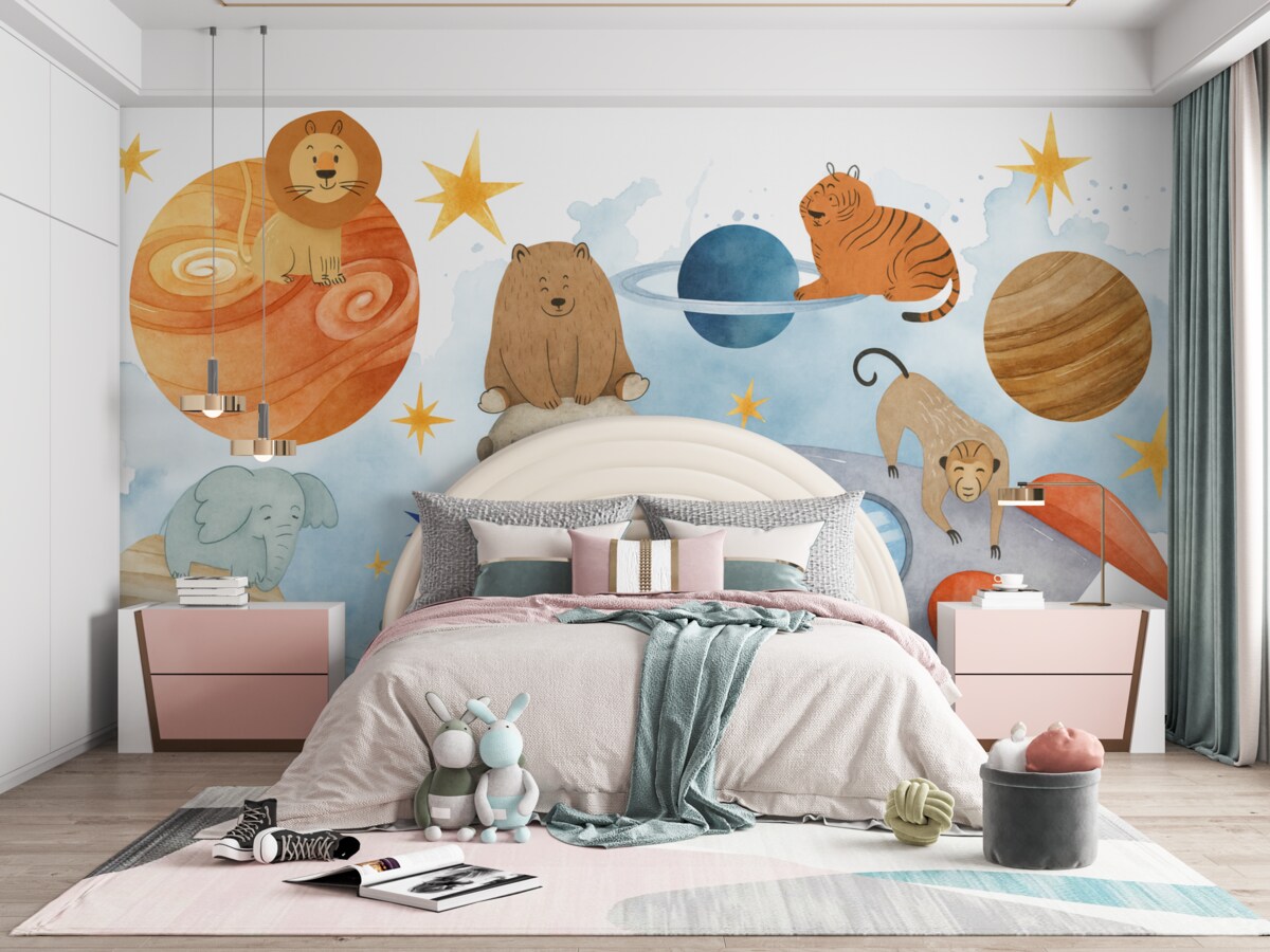 Fototapeta Zmienna scena kosmiczna z różnymi animowanymi zwierzętami unoszącymi się pośród planet, gwiazd i rakiety.