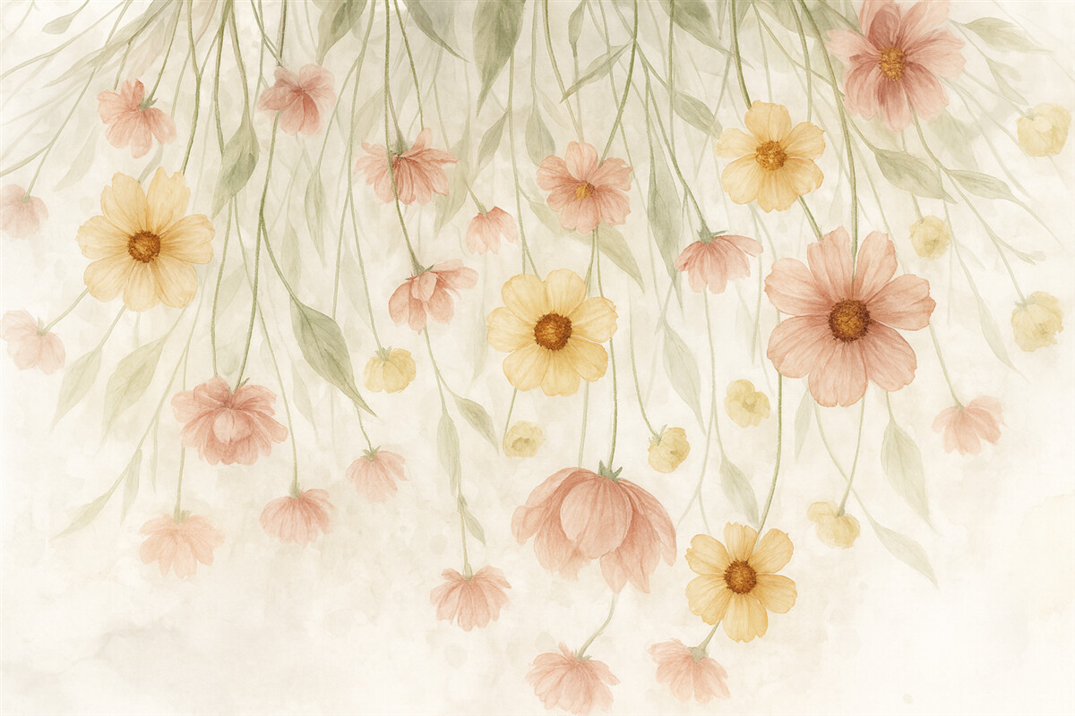 Fototapeta Subtelne pastelowe czerwone i żółte kwiaty z złotymi środkami spływające kaskadą po łagodnym, rozmytym tle.