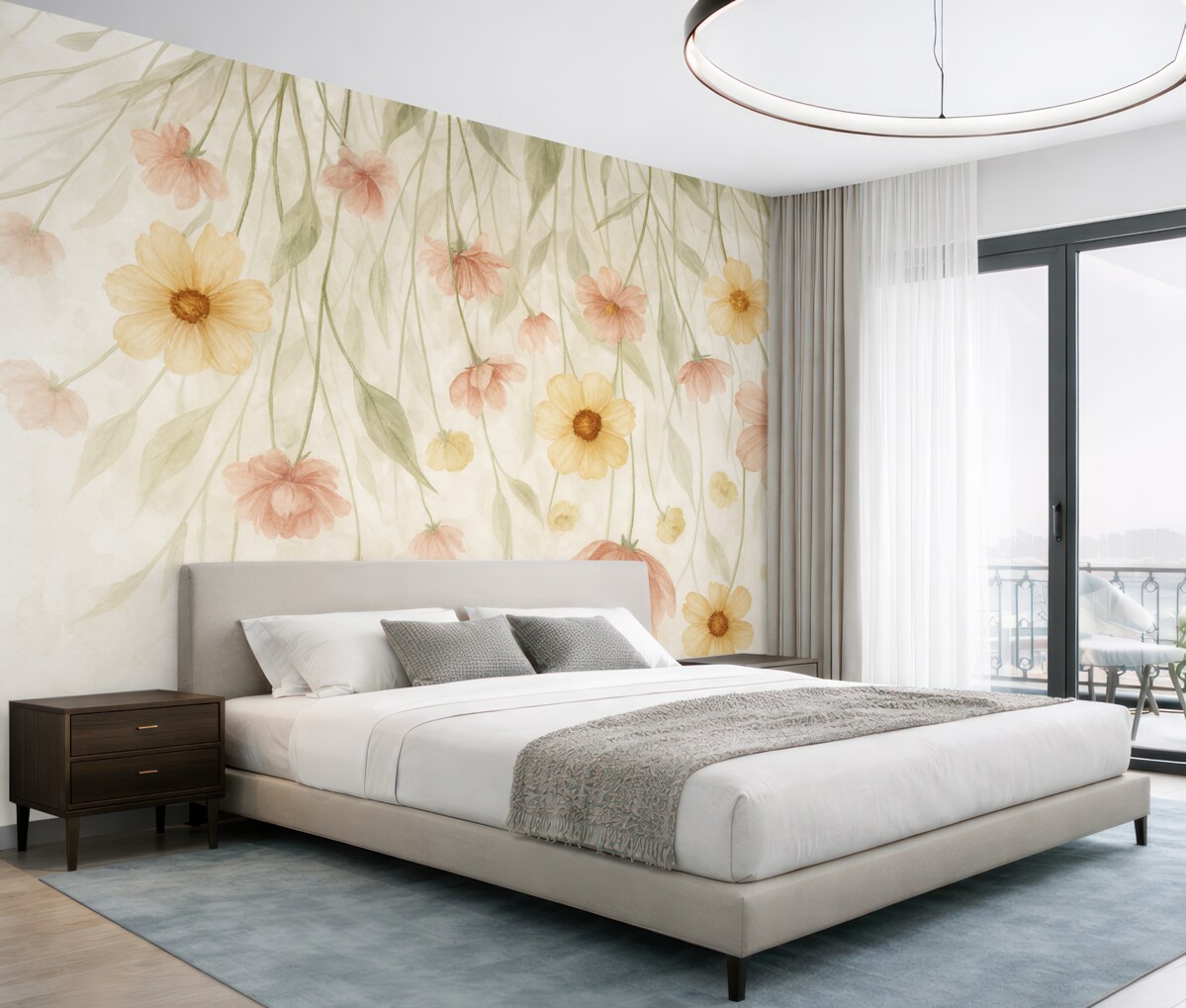 Fototapeta Subtelne pastelowe czerwone i żółte kwiaty z złotymi środkami spływające kaskadą po łagodnym, rozmytym tle.