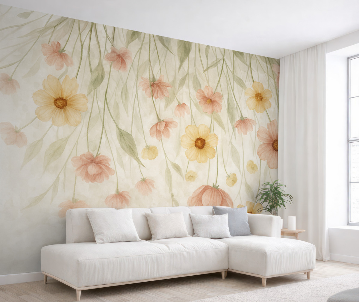 Fototapeta Subtelne pastelowe czerwone i żółte kwiaty z złotymi środkami spływające kaskadą po łagodnym, rozmytym tle.