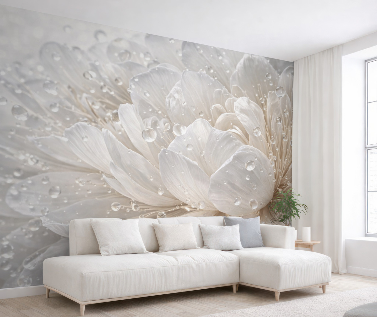 Fototapeta Zbliżenie do białego kwiatu piwonii z subtelnymi płatkami i kroplami wody.