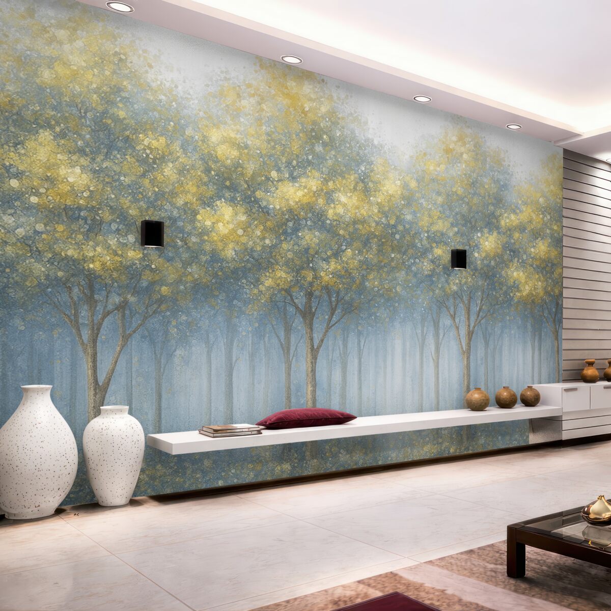 Fototapeta Wysokie dekoracyjne drzewa z liśćmi na mglistym błękitnym tle, kształtujące spokojny pejzaż.