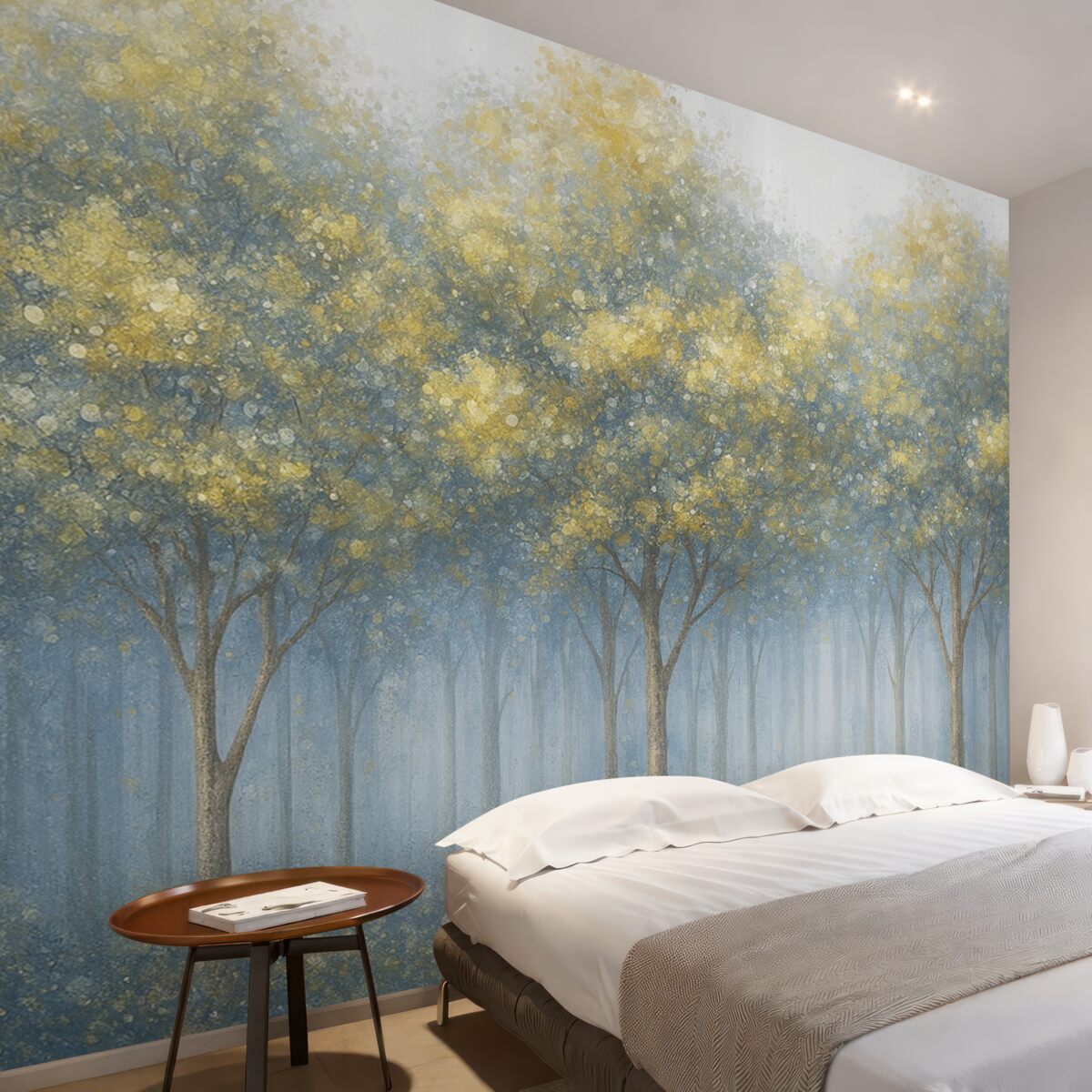 Fototapeta Wysokie dekoracyjne drzewa z liśćmi na mglistym błękitnym tle, kształtujące spokojny pejzaż.