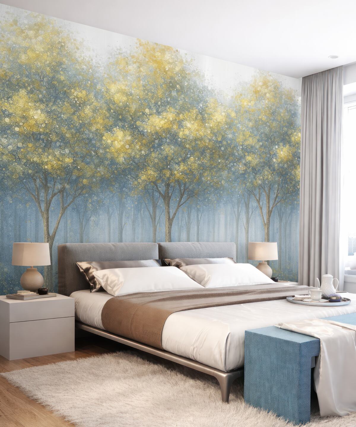 Fototapeta Wysokie dekoracyjne drzewa z liśćmi na mglistym błękitnym tle, kształtujące spokojny pejzaż.