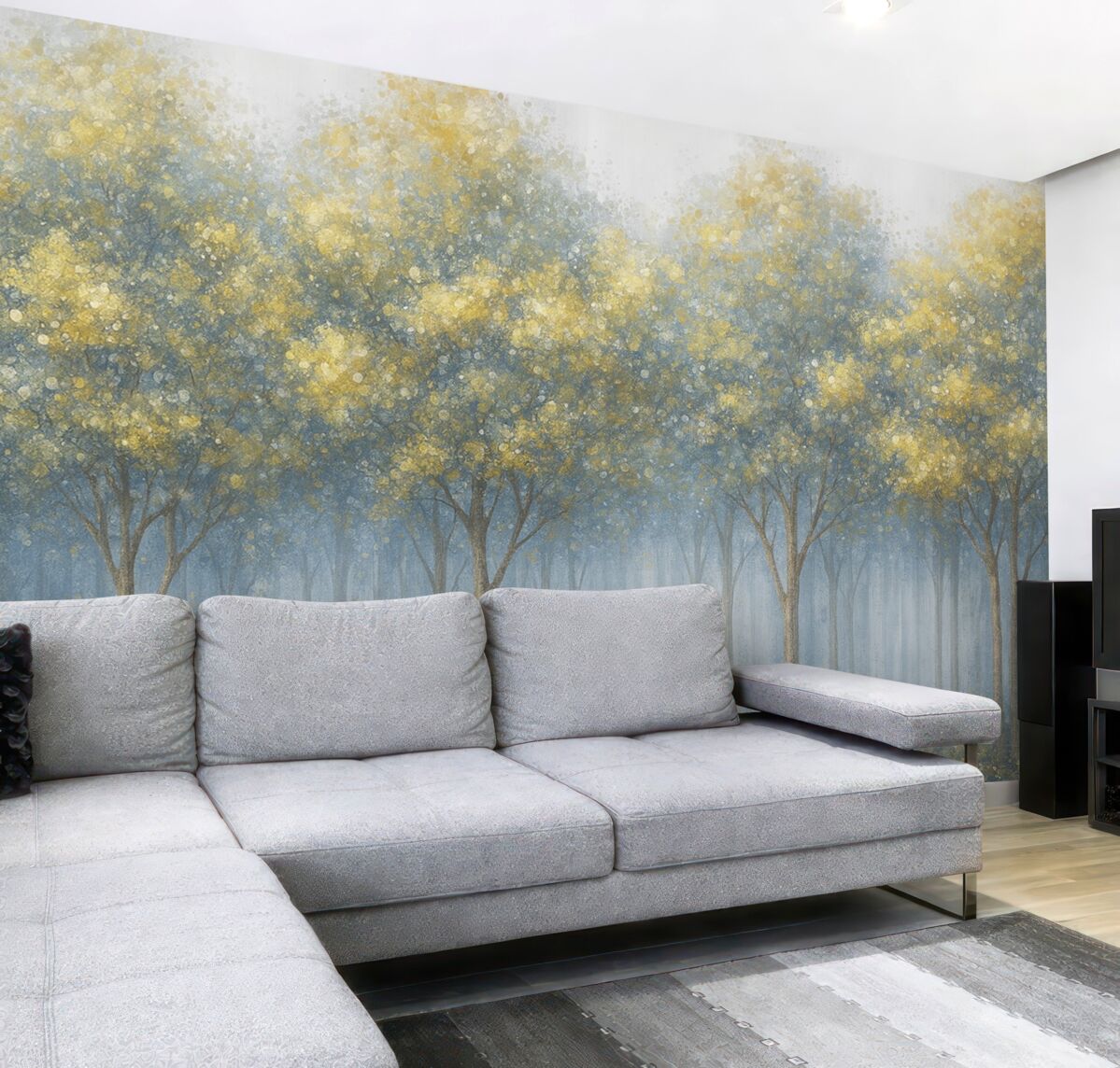 Fototapeta Wysokie dekoracyjne drzewa z liśćmi na mglistym błękitnym tle, kształtujące spokojny pejzaż.