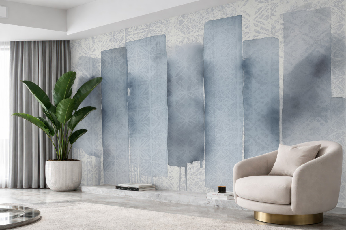 Fototapeta Akwarelowy abstrakcyjny wzór z dużymi niebieskimi smugami pędzla i motywem w stylu retro.