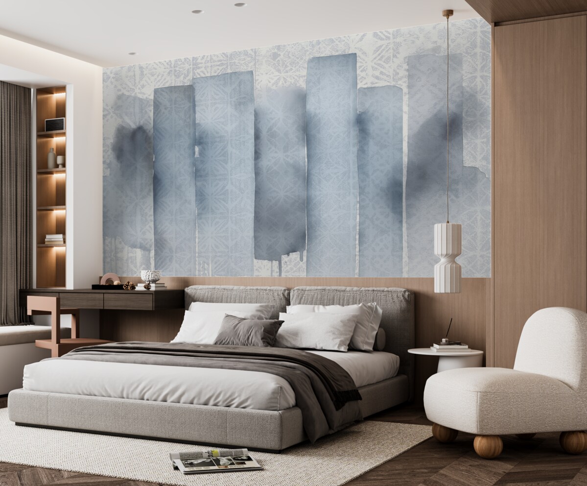 Fototapeta Akwarelowy abstrakcyjny wzór z dużymi niebieskimi smugami pędzla i motywem w stylu retro.