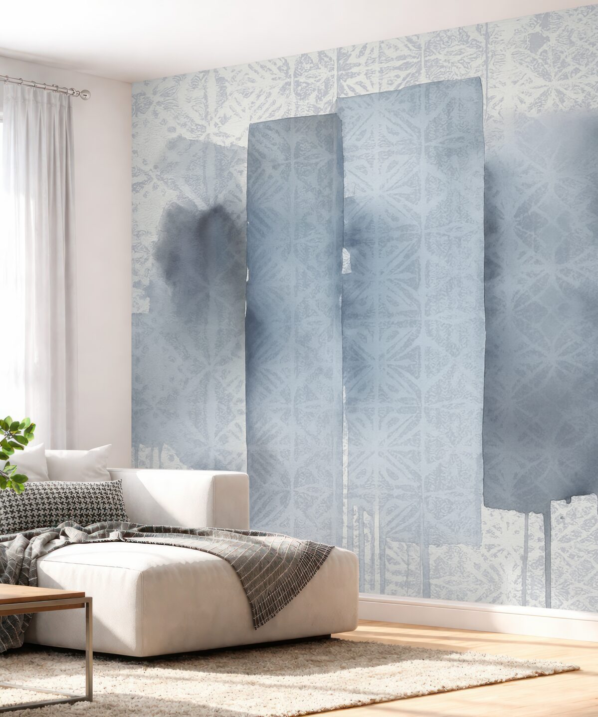 Fototapeta Akwarelowy abstrakcyjny wzór z dużymi niebieskimi smugami pędzla i motywem w stylu retro.