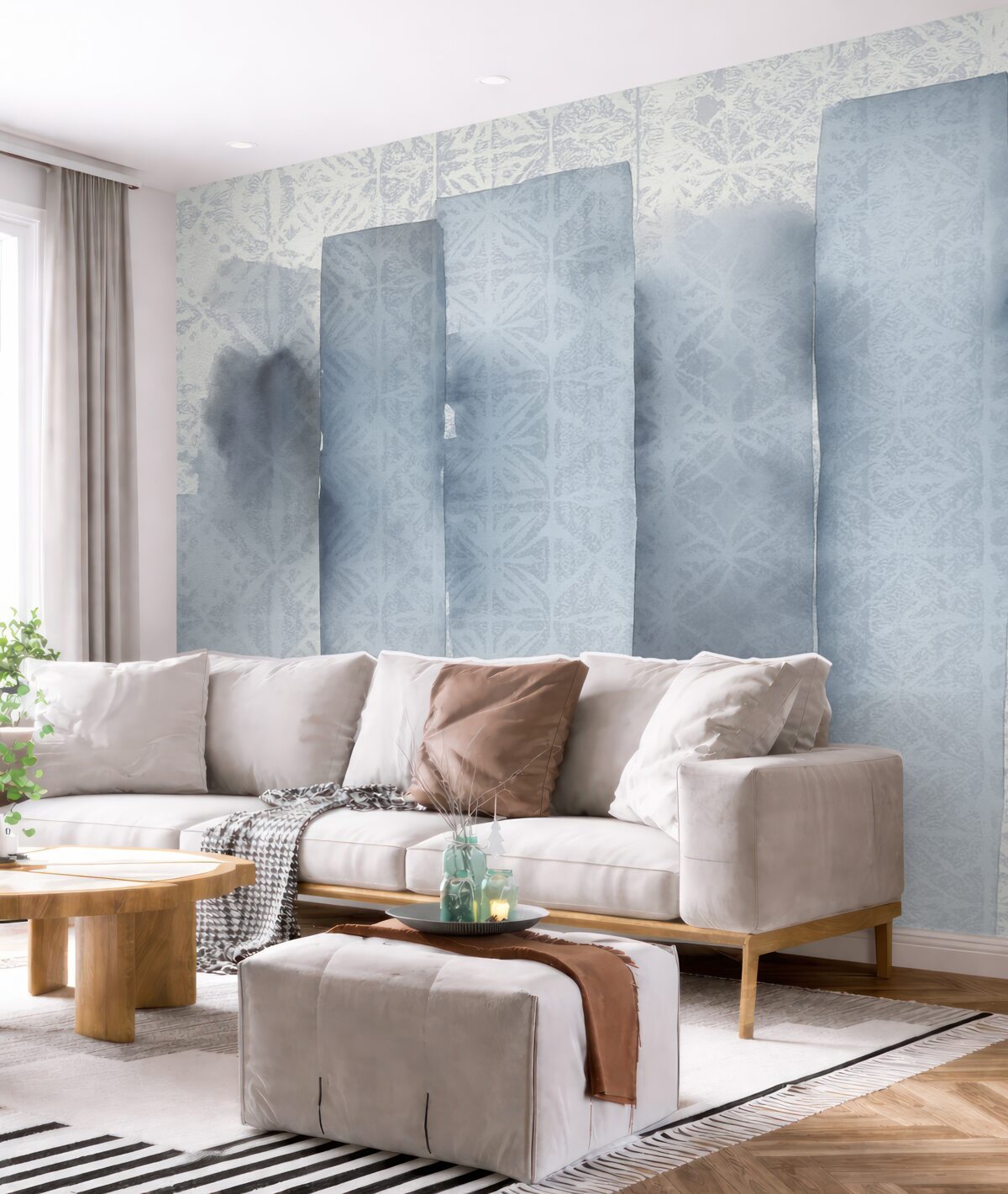 Fototapeta Akwarelowy abstrakcyjny wzór z dużymi niebieskimi smugami pędzla i motywem w stylu retro.