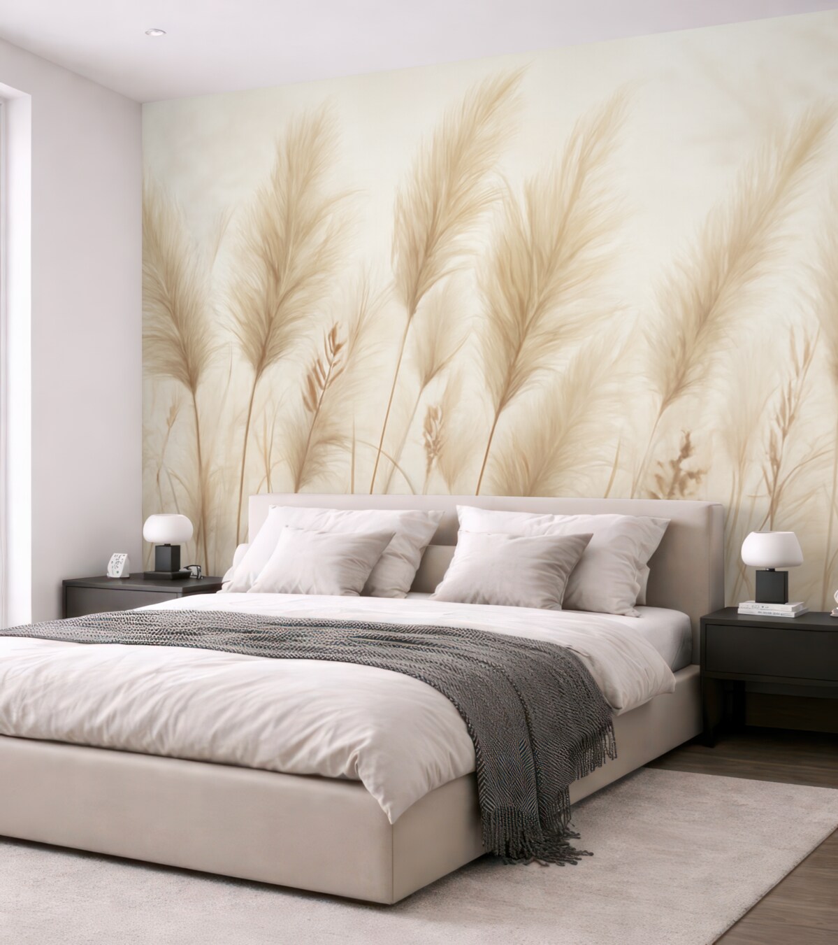 Fototapeta Wysokie beżowe źdźbła trawy falujące na wietrze na delikatnym, jasnym tle.