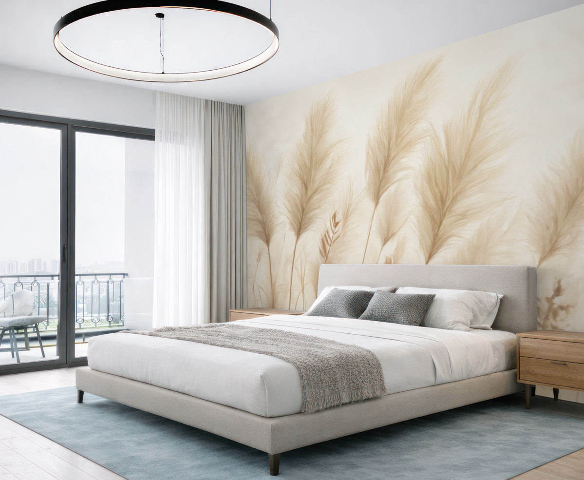 Fototapeta Wysokie beżowe źdźbła trawy falujące na wietrze na delikatnym, jasnym tle.