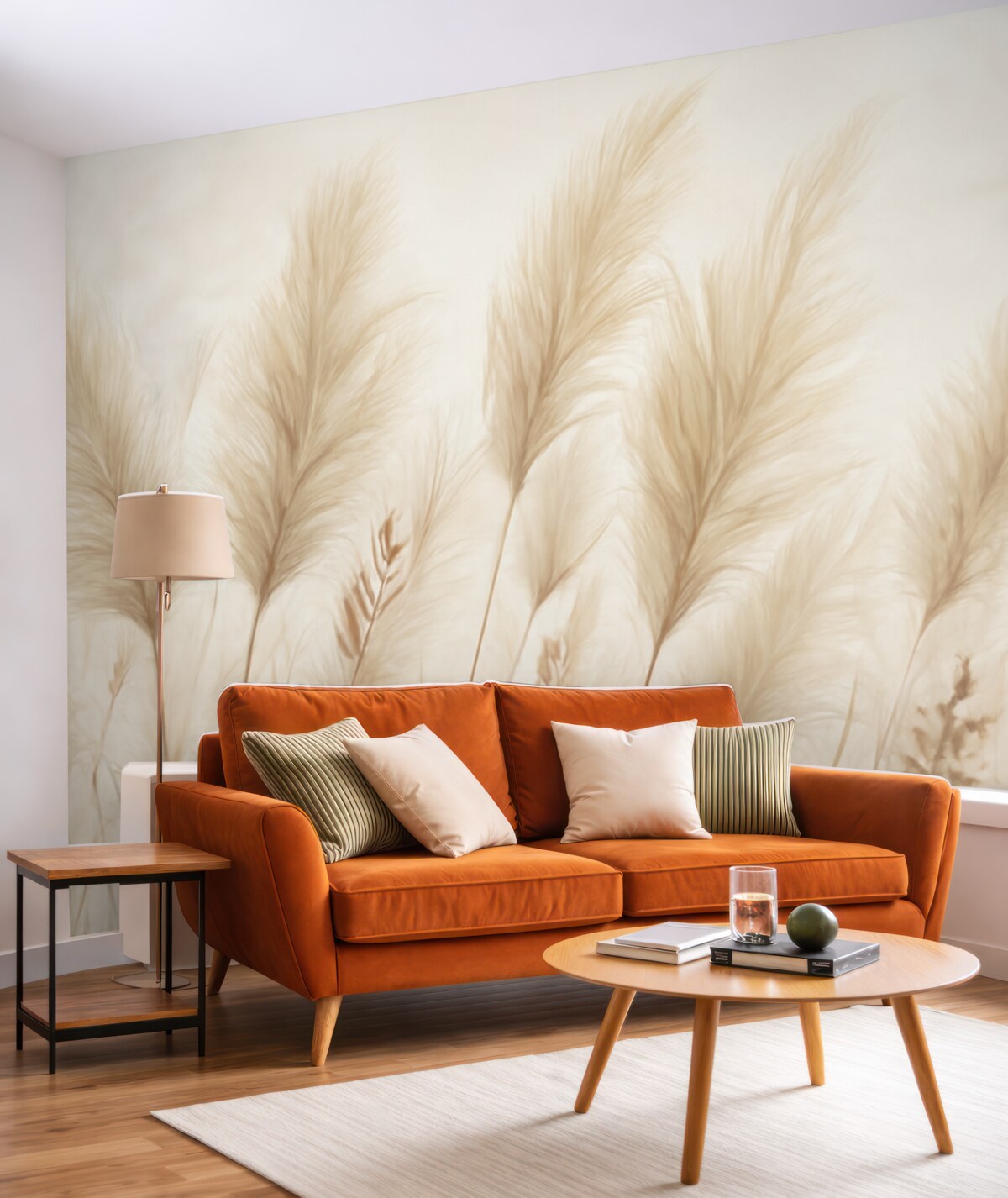 Fototapeta Wysokie beżowe źdźbła trawy falujące na wietrze na delikatnym, jasnym tle.