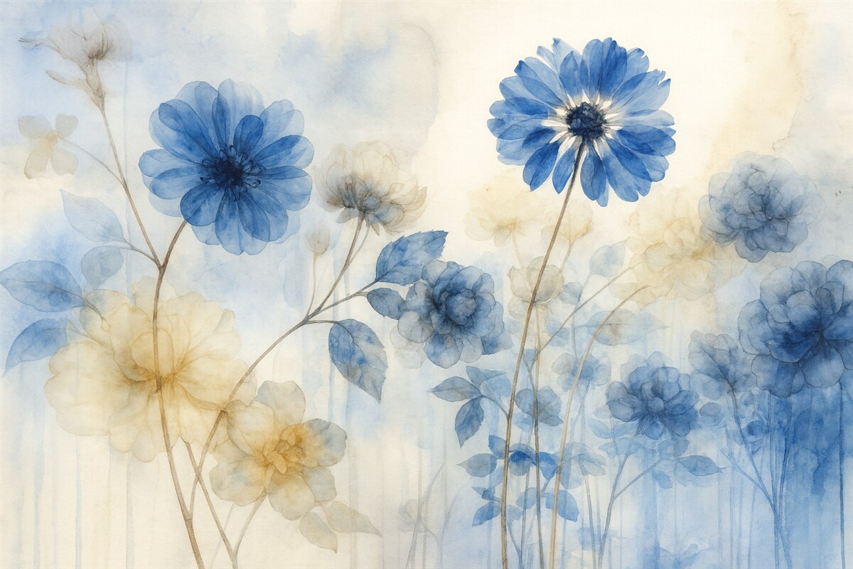 Fototapeta Niebiesko-białe akwarelowe przejrzyste kwiaty na łące, z delikatnym, rozmytym abstrakcyjnym tłem.