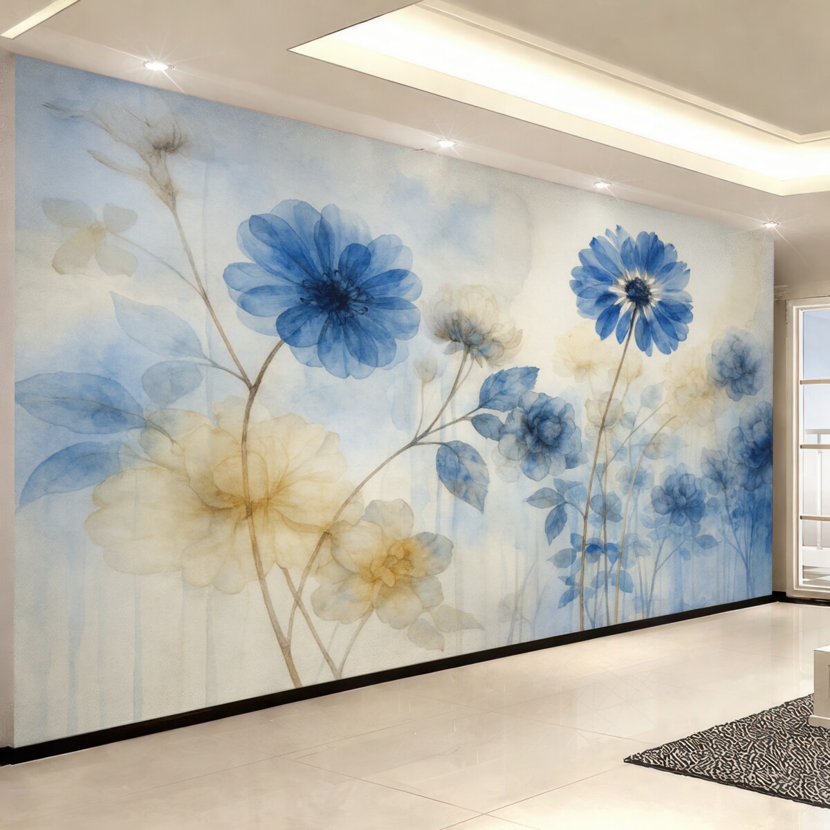 Fototapeta Niebiesko-białe akwarelowe przejrzyste kwiaty na łące, z delikatnym, rozmytym abstrakcyjnym tłem.