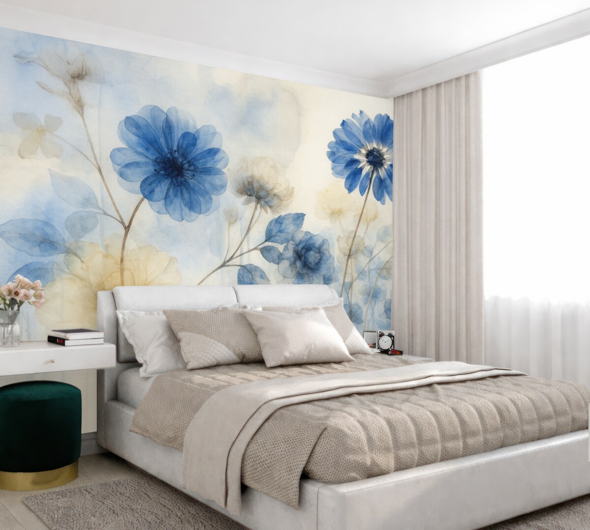 Fototapeta Niebiesko-białe akwarelowe przejrzyste kwiaty na łące, z delikatnym, rozmytym abstrakcyjnym tłem.