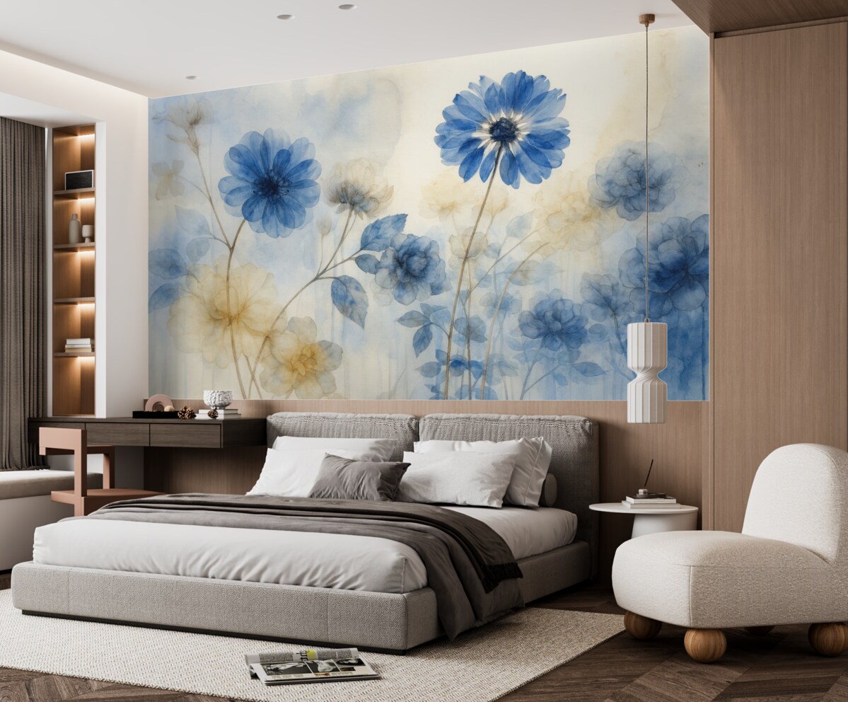 Fototapeta Niebiesko-białe akwarelowe przejrzyste kwiaty na łące, z delikatnym, rozmytym abstrakcyjnym tłem.