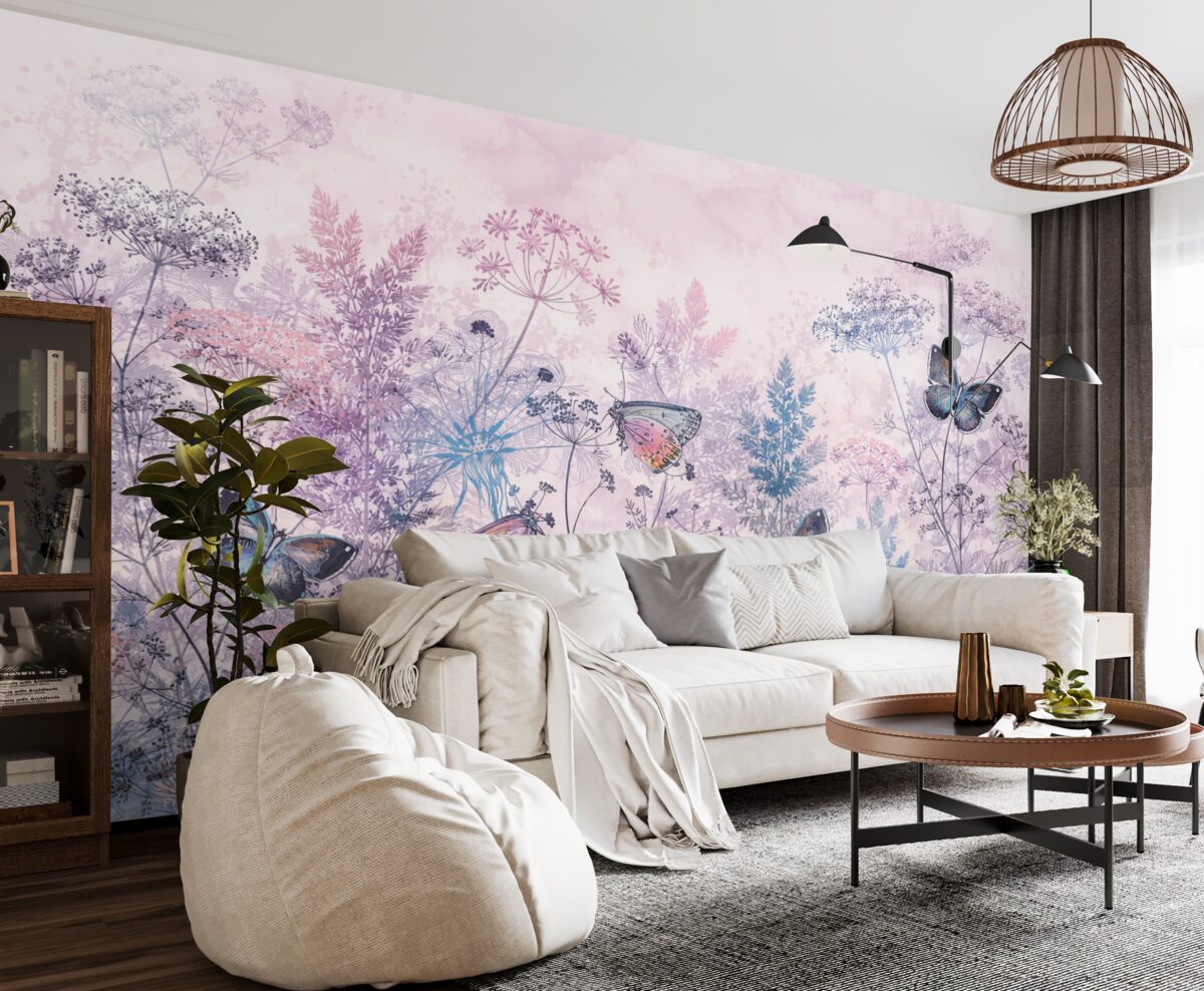 Fototapeta Ogród z barwnymi dzikimi kwiatami, roślinami oraz liśćmi, subtelnymi trawami i intensywnymi niebieskimi i różowymi akcentami kwiatowymi.