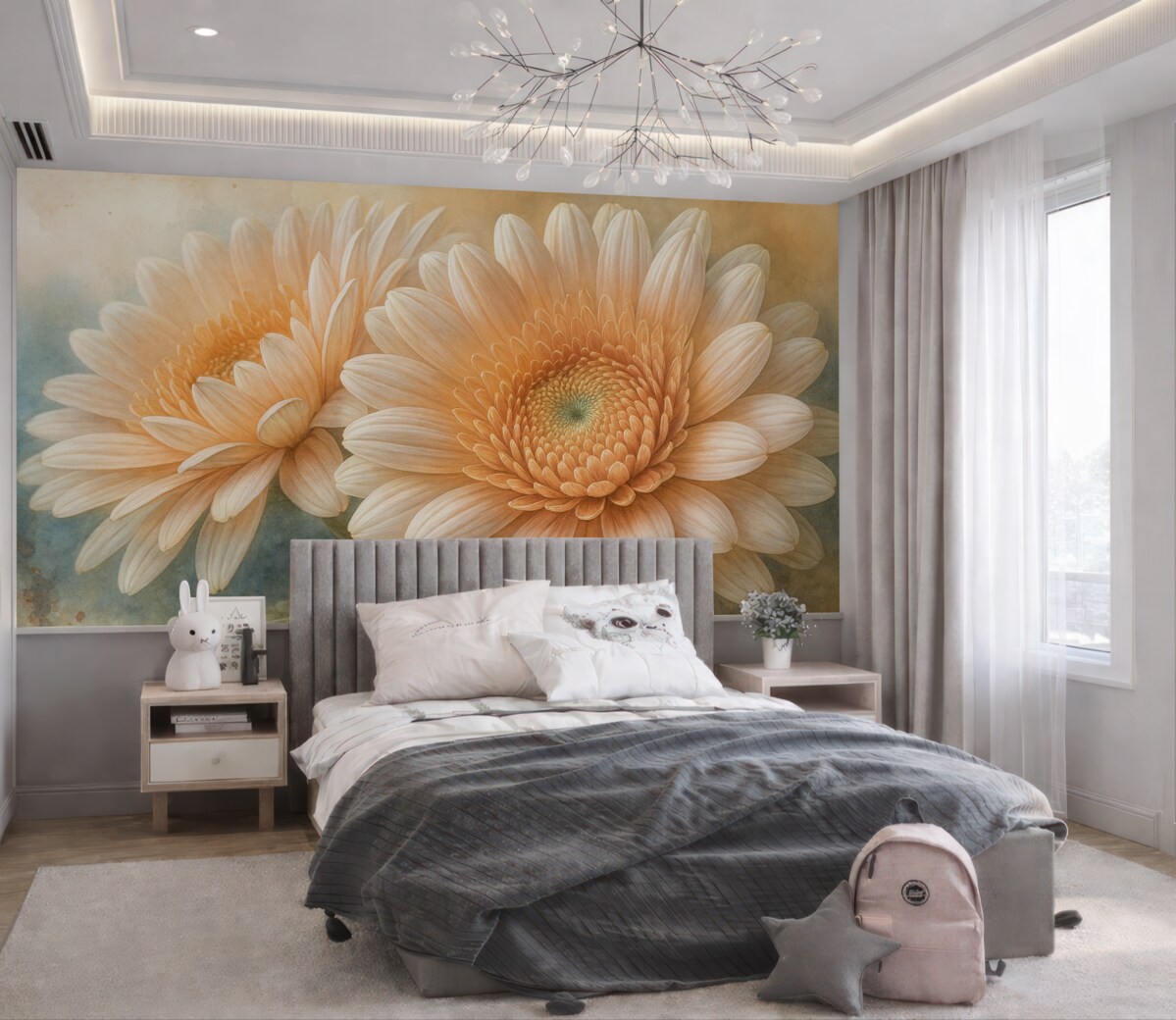 Fototapeta Delikatne różowe kwiaty gerbery z subtelnymi płatkami i fakturą na jasnoniebieskim tle.