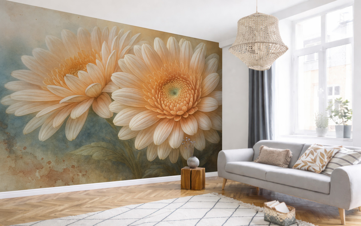 Fototapeta Delikatne różowe kwiaty gerbery z subtelnymi płatkami i fakturą na jasnoniebieskim tle.