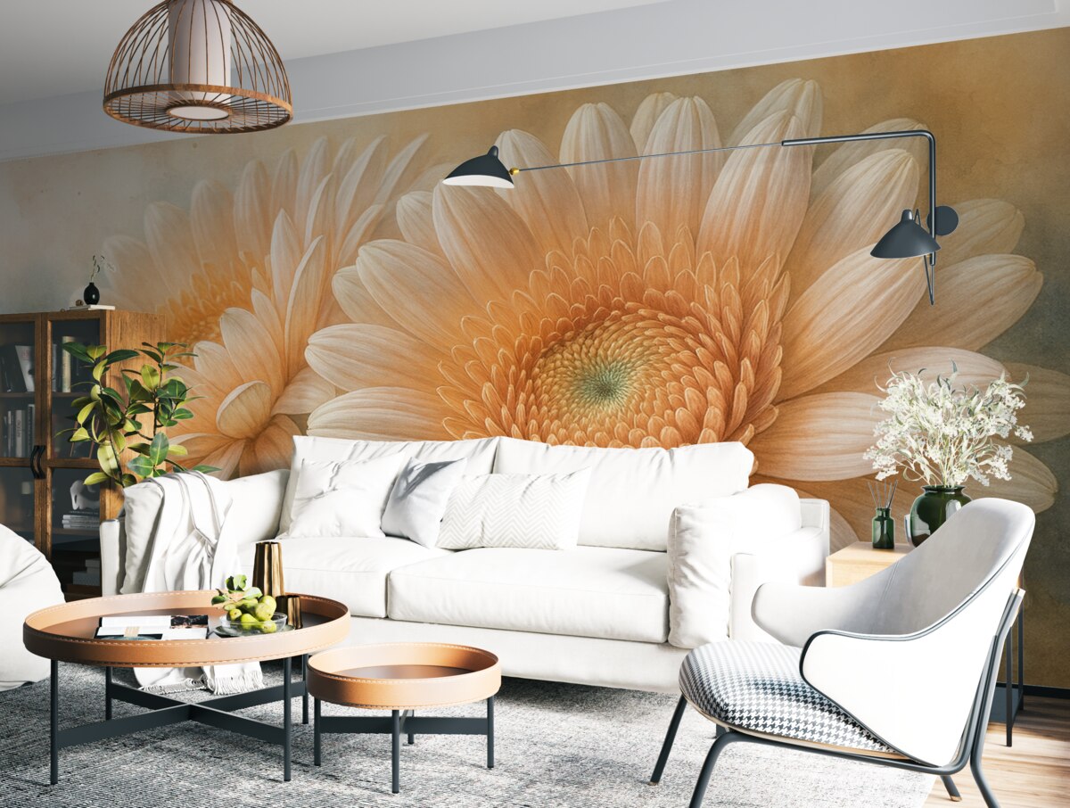 Fototapeta Delikatne różowe kwiaty gerbery z subtelnymi płatkami i fakturą na jasnoniebieskim tle.