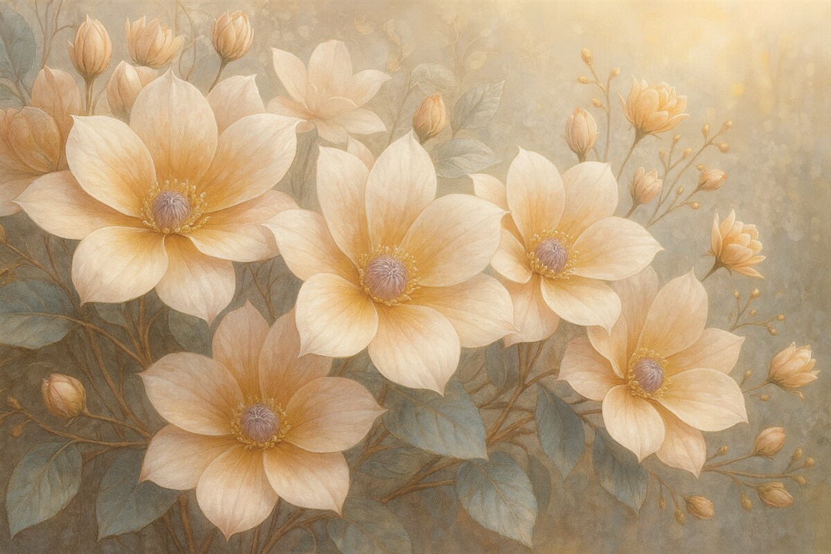 Fototapeta Pastelowe kwiaty z subtelnymi płatkami na rozmytym, strukturalnym tle, kształtujące wesoły nastrój.