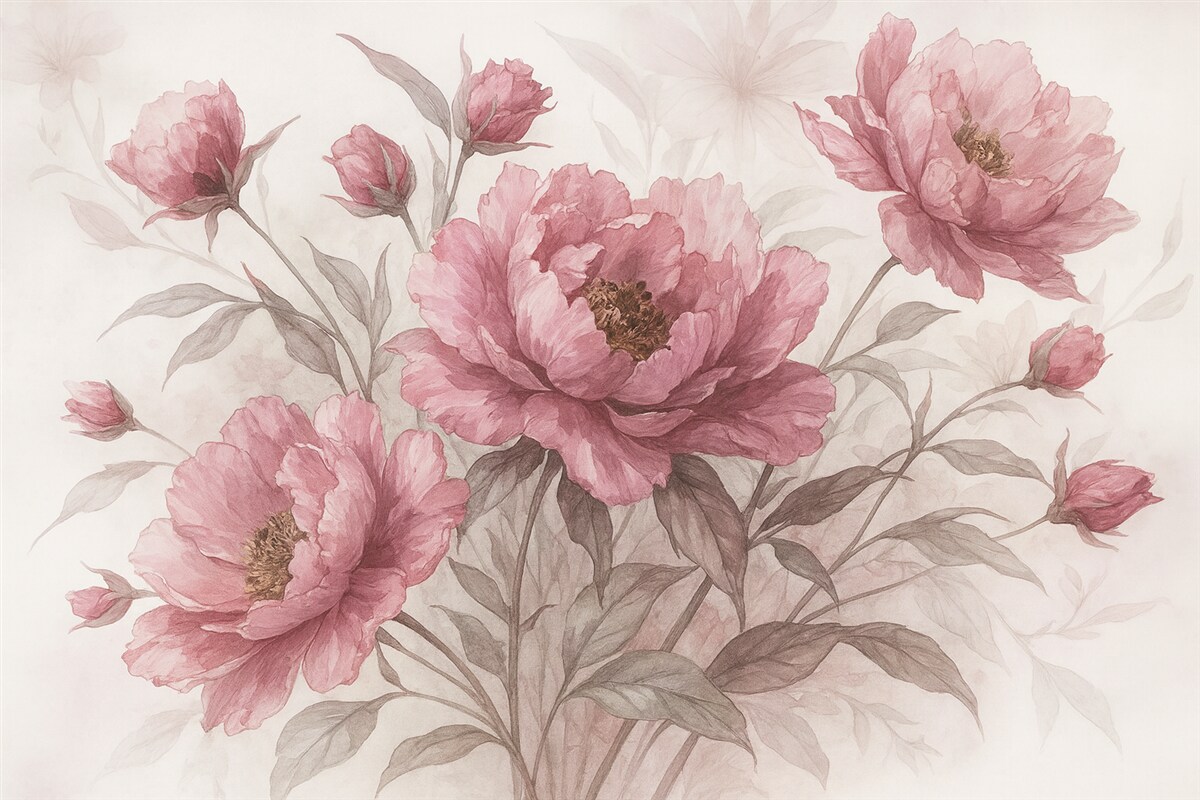 Fototapeta Obraz różowych piwonii z gęstymi liśćmi na jasnym abstrakcyjnym tle.