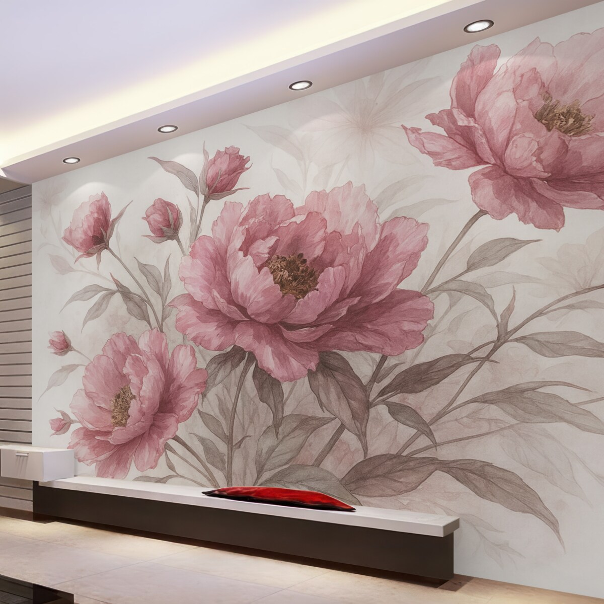 Fototapeta Obraz różowych piwonii z gęstymi liśćmi na jasnym abstrakcyjnym tle.