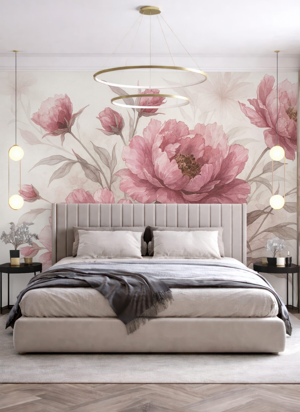 Fototapeta Obraz różowych piwonii z gęstymi liśćmi na jasnym abstrakcyjnym tle.