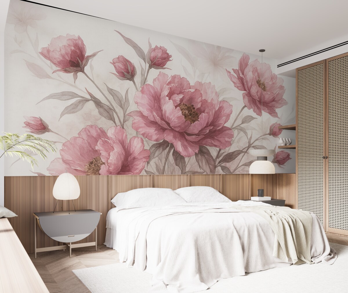 Fototapeta Obraz różowych piwonii z gęstymi liśćmi na jasnym abstrakcyjnym tle.