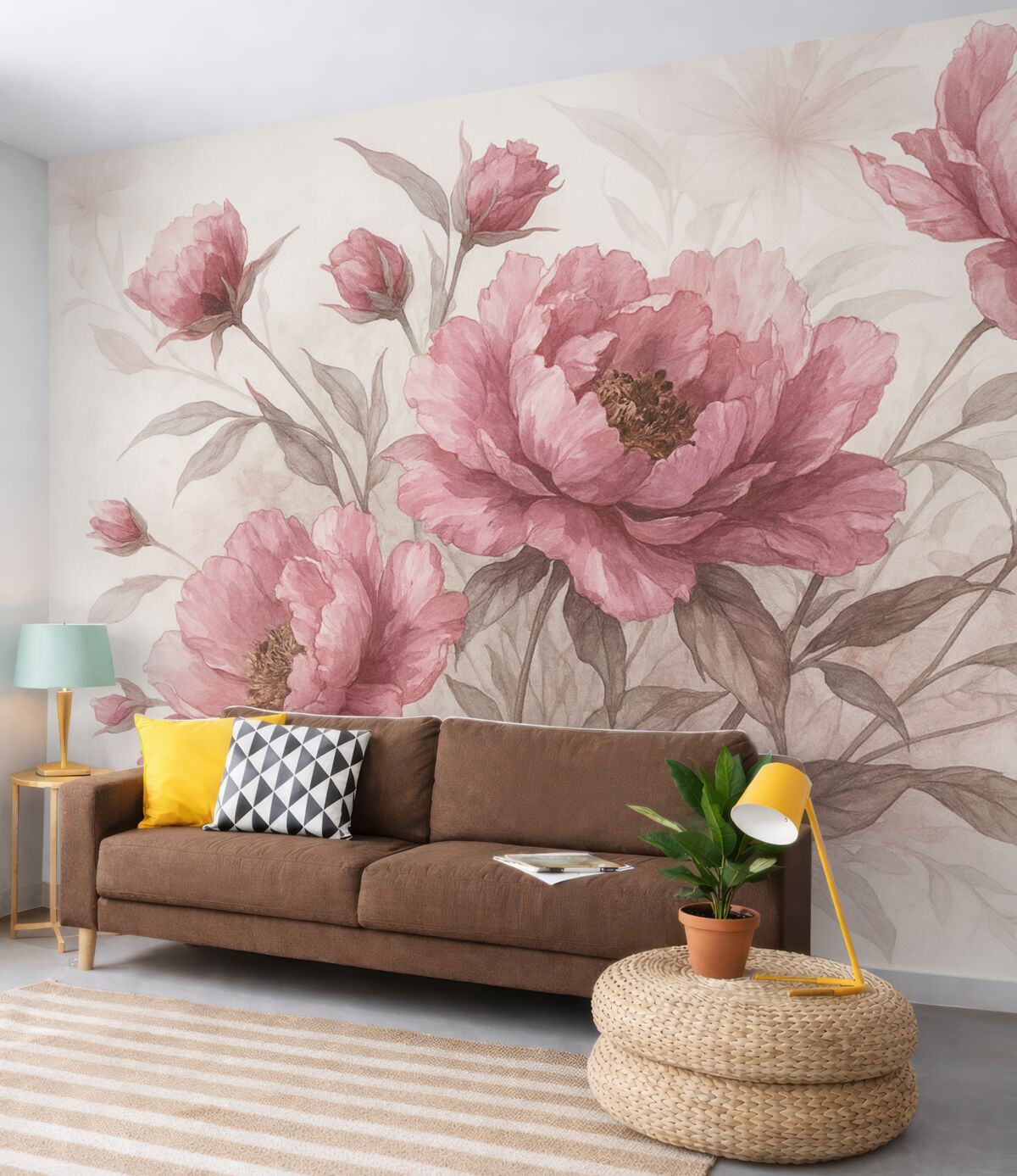 Fototapeta Obraz różowych piwonii z gęstymi liśćmi na jasnym abstrakcyjnym tle.